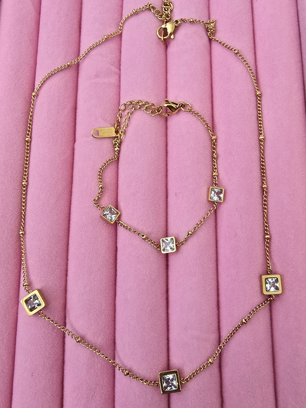 Gold-Tone Square Cubic Zirconia Necklace & Bracelet Set - Women Jewelry